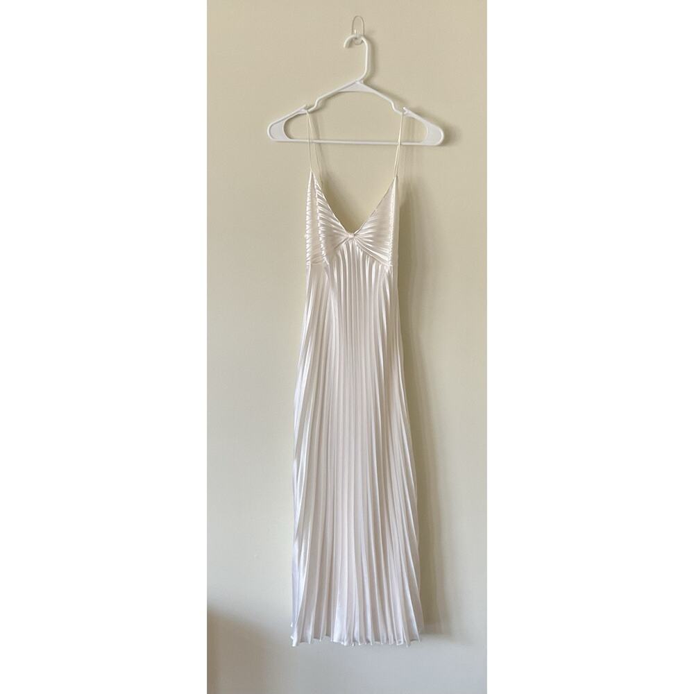 Delicates Vintage 90s White Pleated Satin Maxi Dress Medium Ruched Tie Bow Slip